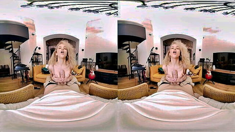 Blonde babe with small tits cups and squeezes her perky bare breasts in VR POV solo tease