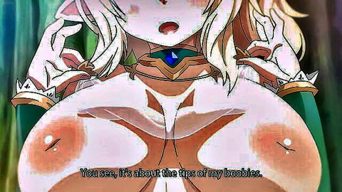 Perverted elf hentai girl exposing large pink nipples in revealing green dress