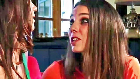 Busty brunette stepsisters in intimate lesbian chat