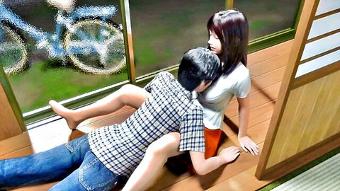 Japanese 3D hentai couple in rear-entry sex position, woman in skirt and shirt
