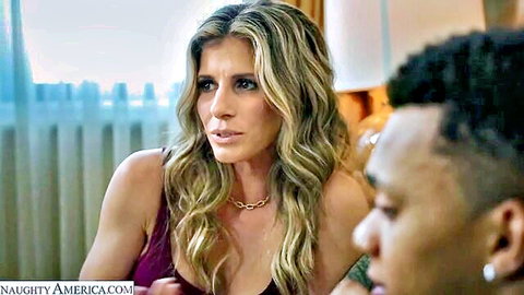 Blonde MILF in red tank top confronts black man in mom bully scene