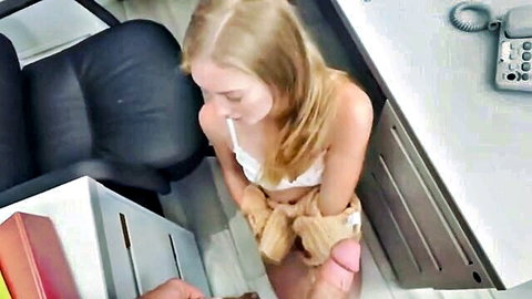 Blonde office girl performs blowjob for promotion in American creampie scene