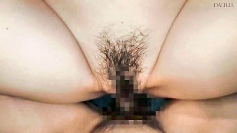 Close-up of MILF's hairy pussy with blurred penis insertion, large breasts