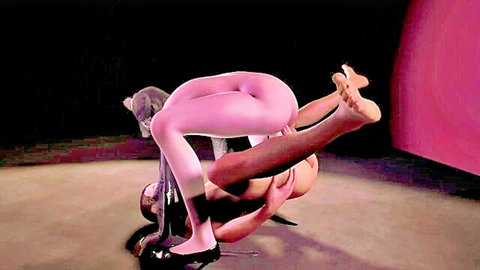 Flexible pink hentai catgirl spreads legs wide exposing bare pussy and ass in acrobatic pose