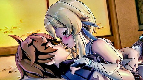 Blonde anime hentai girl with big tits passionately kissing fox-eared boy in revealing outfit