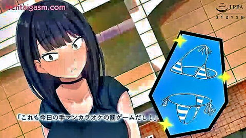 Flirtatious black-haired anime girl in black top and bikini fantasy hentai thumbnail