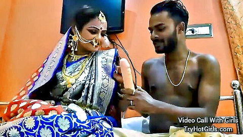 Indian bride in saree and muscular groom with dildo on suhagrat wedding night