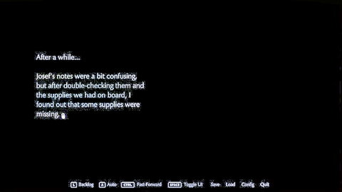 Screenshot of text-based game screen with Josef's confusing notes about missing supplies after double-checking.