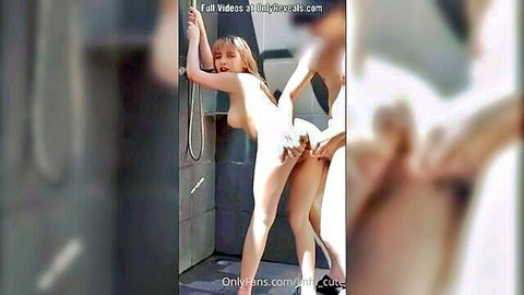 Blonde Asian babe bent over getting fucked doggy style in steamy shower by stud