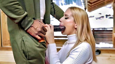 Sharon White giving intense blowjob to black stud after skiing