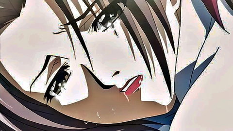 Seductive anime mother with teary eyes and parted lips in taboo scene