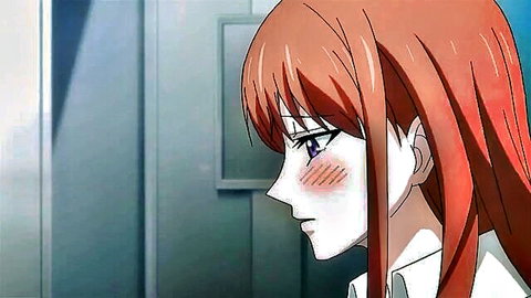 Blushing red-haired anime girl in white uniform, profile view from adult video