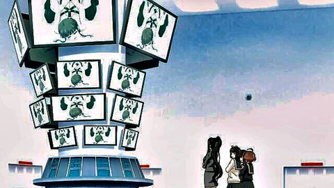 Anime schoolgirls in uniforms near eerie screen tower, Euphoria hentai scene