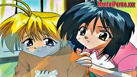 Blonde and black-haired anime girls in emotional hentai embrace