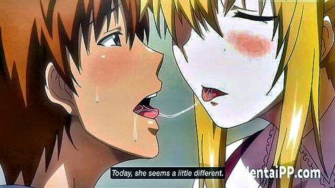 Hot blonde stepsis passionately kissing with tongue in hentai anime