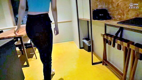 Airi Honoka tall slender beauty in tight black pants and blue top walking tease