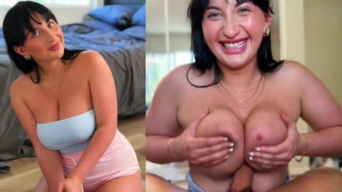 Smiling busty brunette squeezing her big tits, topless and topless comparison