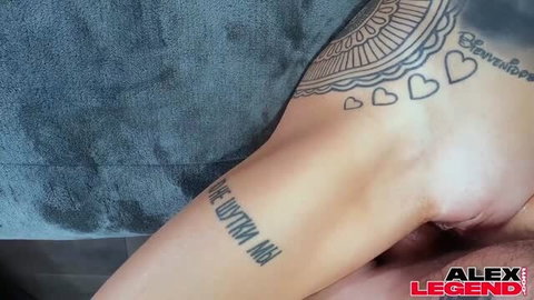 Sasha Heart in rough anal creampie scene with tattoos visible