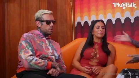 Lena The Plug & Karmen Karma in red outfit threesome podcast scene