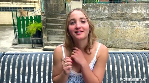 Chloe, 18 law student in sexy lingerie top on bench in Cannes