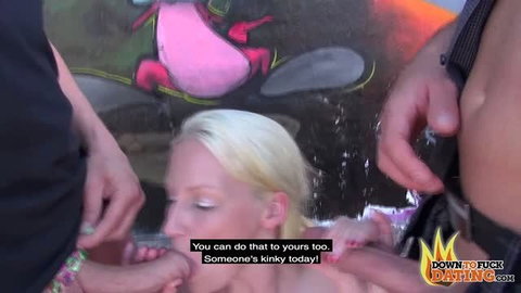 Blonde Jessy Key giving public blowjobs with multiple cocks and piss play