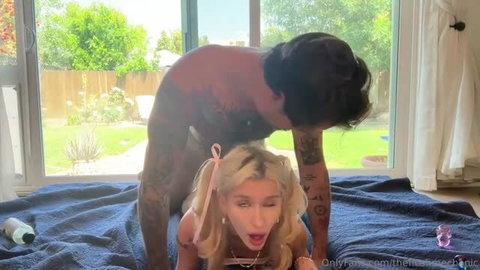 Emma Rosie anal sex with tattooed guy on blue blanket