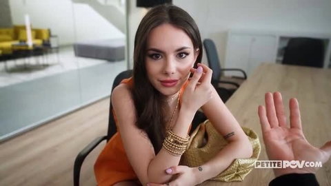 Liz Ocean in orange dress for Petite POV scene