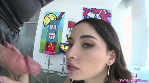 Aria Lee performing oral on huge cock in POV close-up
