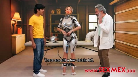 Emily Thorne in shiny futuristic cyborg bodysuit with two men in garage