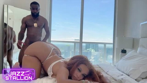 Jazz The Stallion interracial balcony sex with BBC in white lingerie