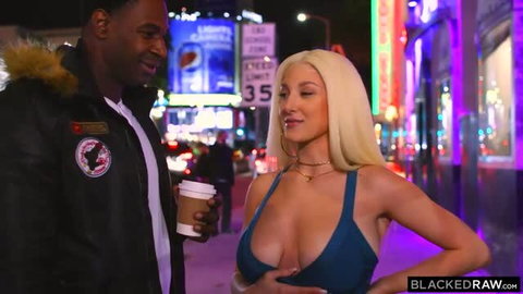 Skylar Vox big tits in blue dress at night with Black man on city street