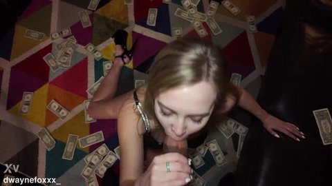 Stella Sedona blonde stripper giving blowjob on money-covered floor, POV