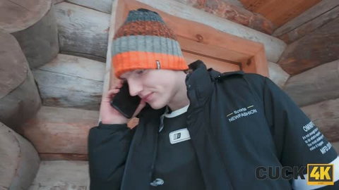 Lesly Clap in black jacket and beanie on phone, Cuck 4K scene