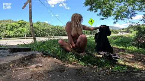 Elsa Mia masturbating naked outdoors by the roadside