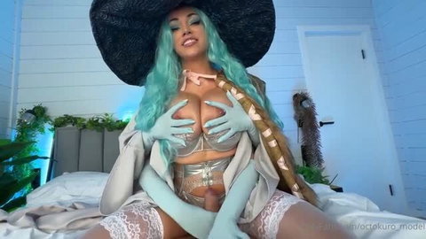 Octokuro cosplaying Ranni the Witch from Elden Ring, topless with exposed penis