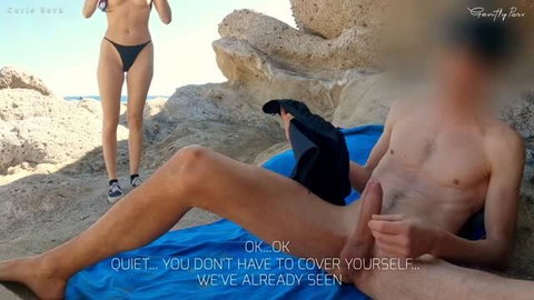 CutieSara on nude beach with shy naked man covering himself, outdoor sex scene