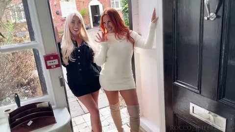 Kelly Stafford and Kayla Wild in tight dresses at doorway