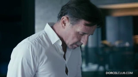 Clara Mia with mature man in white shirt bedroom seduction scene