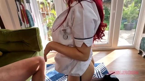 Atlanta Moreno as sexy nurse taking cum sample from fat guy in nurse uniform