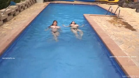 Samanta Lily and Demmy Blaze topless in outdoor pool, big natural breasts