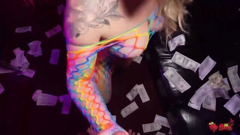 Sara Diamante PAWG in neon fishnet stockings on floor with cash
