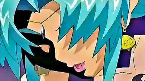 Turquoise haired anime hentai girl with glasses licks lips teasingly closeup