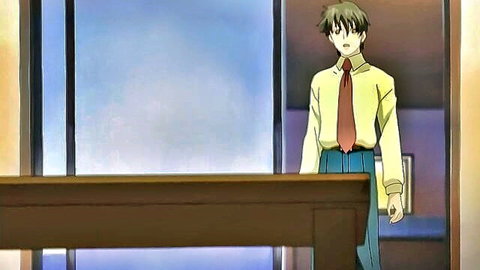 Anime Japanese boy in yellow shirt red tie blue pants standing by wooden desk in classroom