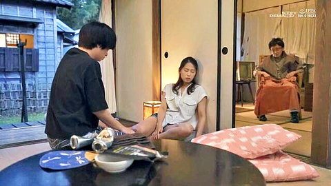 Mature Japanese woman legs spread by young man in countryside home
