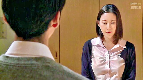 Saeko Matsushita in formal blouse facing suited man, tense JAV office talk