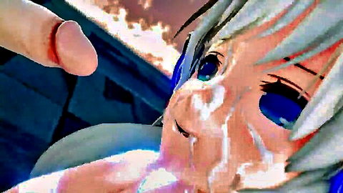 Anime MMD girl with white hair gets facial cumshot close-up