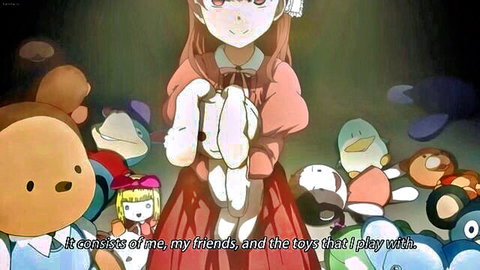 Anime hentai girl in red dress holding bunny plush toy surrounded by cute stuffed animals