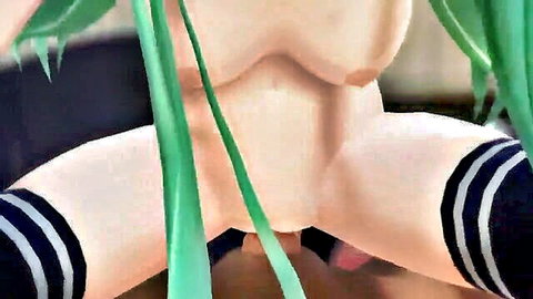 Animated Kawakaze MMD hentai with big tits, green hair, spreading legs in stockings