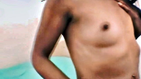 Gorgeous ebony girlfriend topless, perky small tits tease