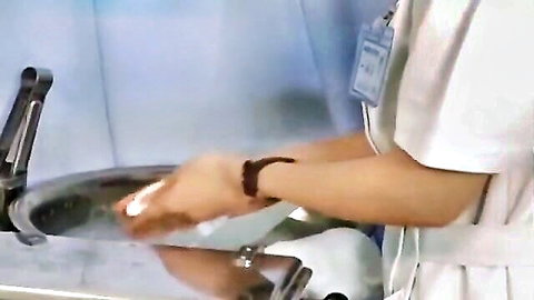 Japanese nurse washing hands in tight white uniform, JAV medical scene